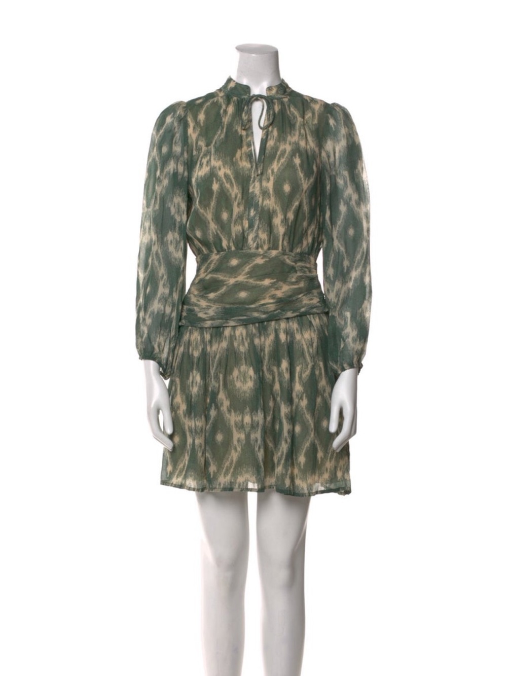 ba&sh Olive Green Ikat-Print Long-Sleeve Mini Dress